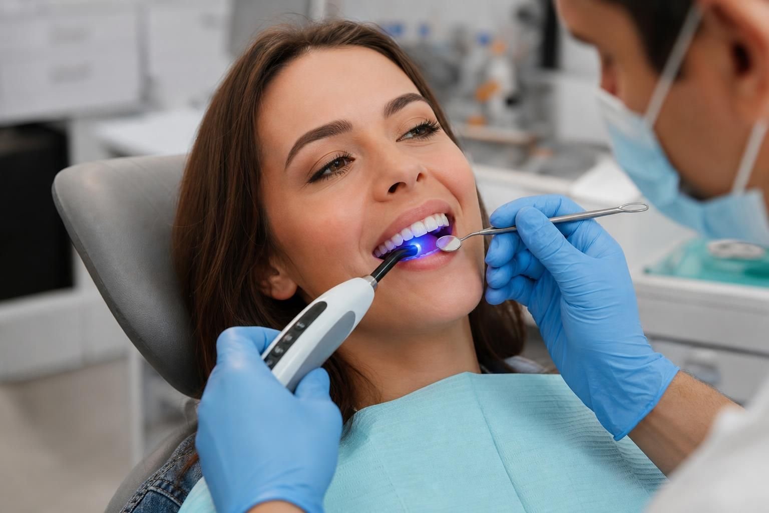 Dentist applies curing light to a patient’s front teeth