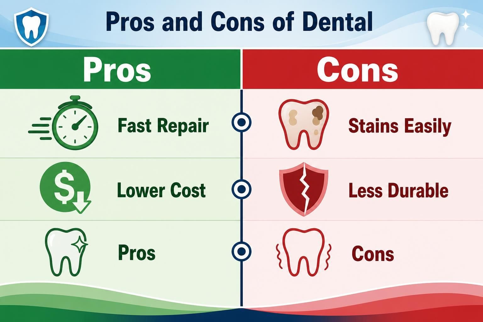 Dental bonding pros and cons with clocks, damaged teeth, and shield icons