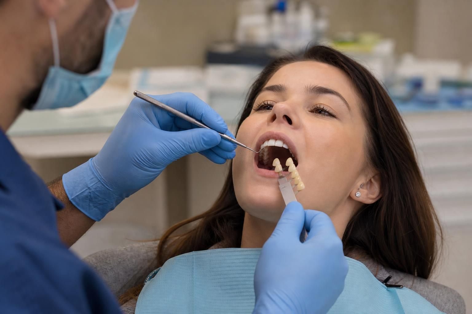 Dentist examines a patient’s teeth with a mirror and shade guide